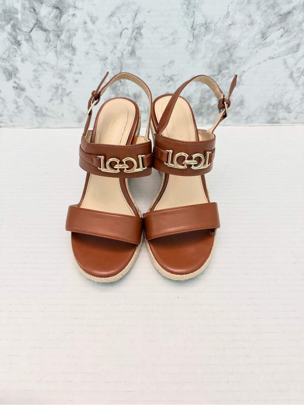 Liz Claiborne Tan Leather Wedge Sandals with Gold Accent